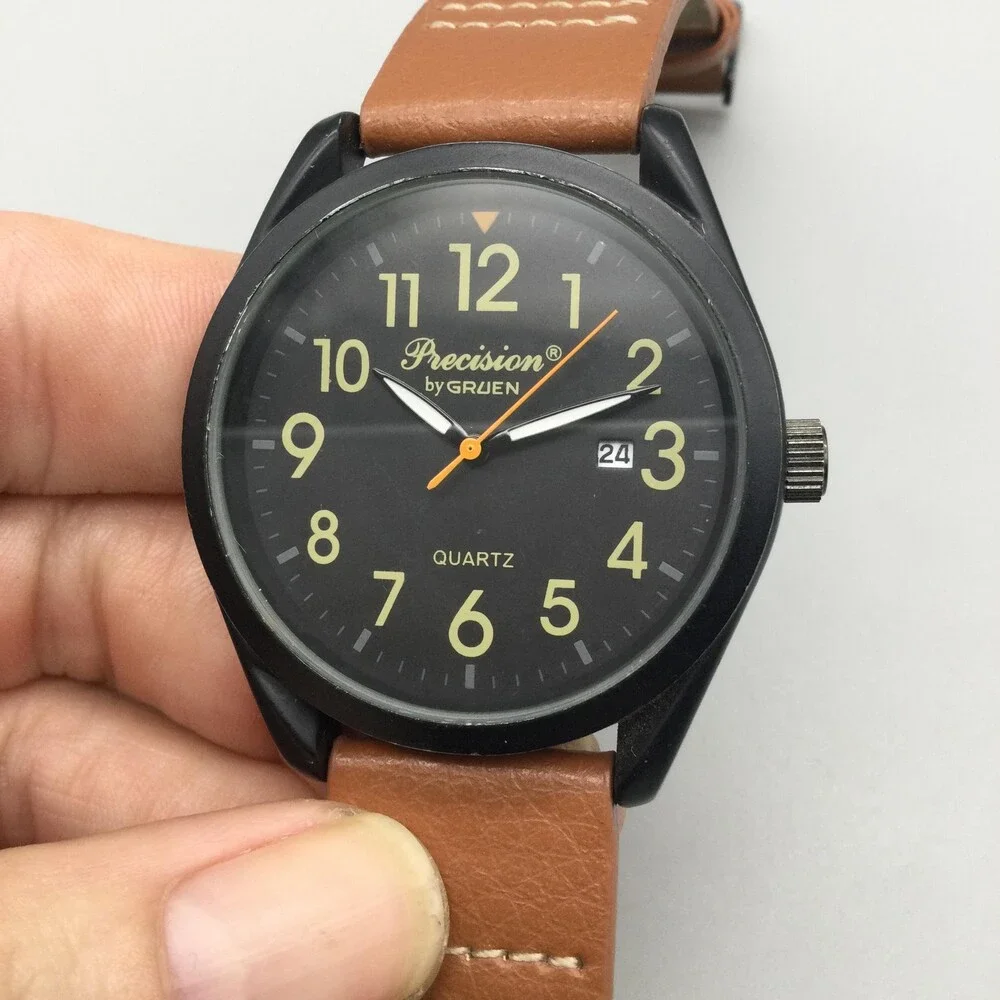 Gruen Precision Mens Watch 41mm Black Dial Brown Band New Battery